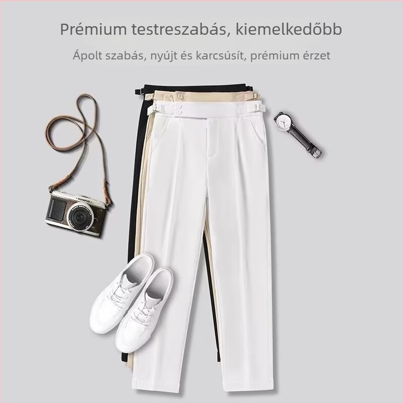 Férfiaknak egyenes szabású nadrág üzleti formális viselethez, egyszínű, poliészter, ránctűrő, elasztikus, slim fit