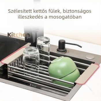 Vastagított rozsdamentes acél mosogató-leeresztő kosár, kihúzható konyhai tárolóállvánnyal