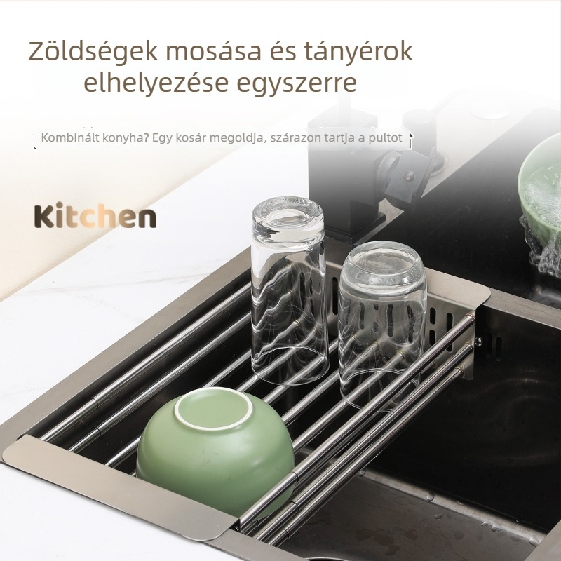 Vastagított rozsdamentes acél mosogató-leeresztő kosár, kihúzható konyhai tárolóállvánnyal