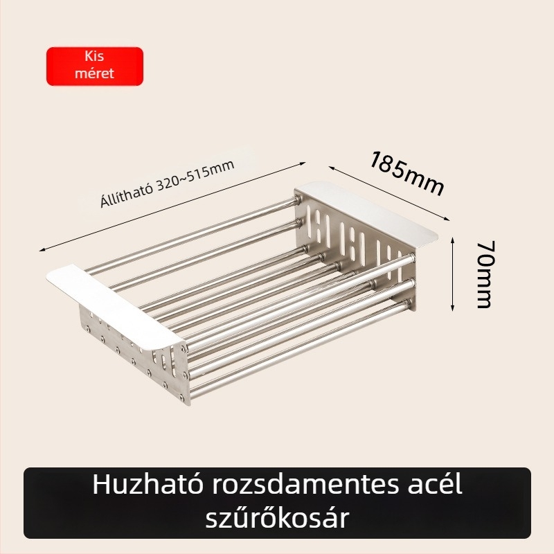 Vastagított rozsdamentes acél mosogató-leeresztő kosár, kihúzható konyhai tárolóállvánnyal