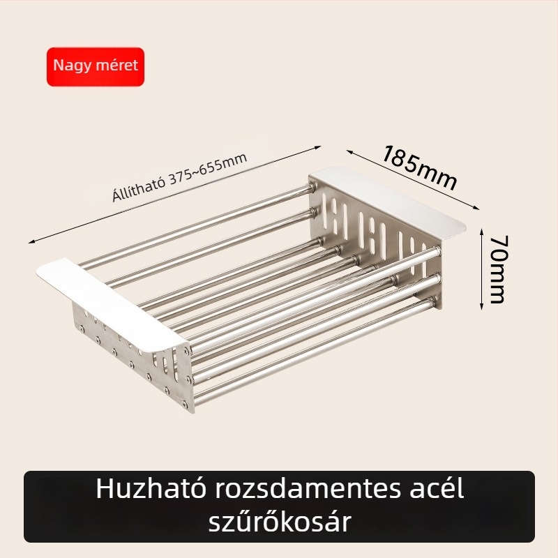 Vastagított rozsdamentes acél mosogató-leeresztő kosár, kihúzható konyhai tárolóállvánnyal