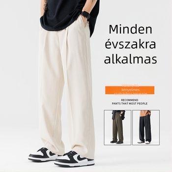 Nyári vékony férfi nadrág, laza szabású egyenes vágású, fekete, hétköznapi nadrág elasztikus derékkal