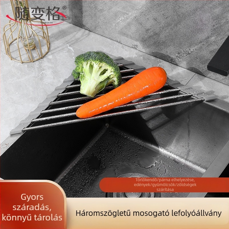 Rozsdamentes acélból készült hajtogatható lefolyó állvány gyümölcsök és zöldségek számára, konyhai mosogatóedényekhez, többfunkciós
