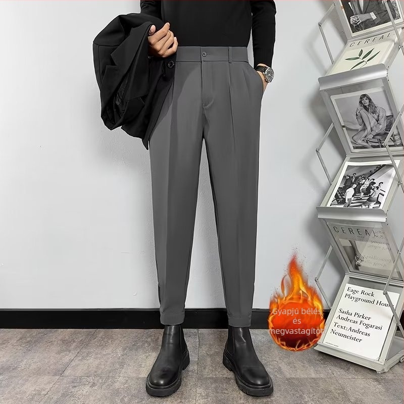 Férfi koreai stílusú nadrág, cropped szabású öltönynadrág tavasszal és ősszel, slim fit, lágy esésű, hétköznapi hosszú nadrág