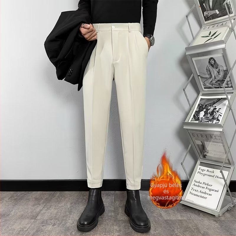 Férfi koreai stílusú nadrág, cropped szabású öltönynadrág tavasszal és ősszel, slim fit, lágy esésű, hétköznapi hosszú nadrág