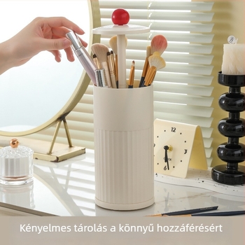 Porvédett sminkecset-tároló henger fedéllel és automatikus emeléssel, asztali használatra
