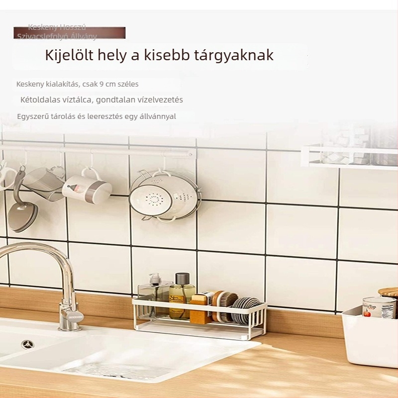 Japán stílusú, szabadon álló, multifunkcionális konyhai mosogatóállvány leeresztőkosárral és pultos szervezővel