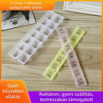 Műanyag ékszer tároló doboz fedővel, két sorban hét rekesz, levehető tároló