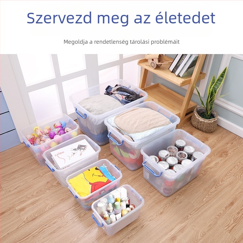 Megvastagított átlátszó műanyag tároló doboz, nagy méretű, fedéllel, kerekekkel, ruhatárolóként hordozható