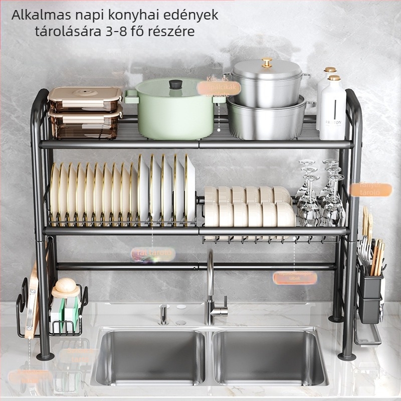 Konyhai többfunkciós lecsöpögtető polc a mosogató fölött, edényekhez, evőeszközökhöz, vágódeszkákhoz, evőpálcikákhoz, fazekakhoz és szivacsokhoz