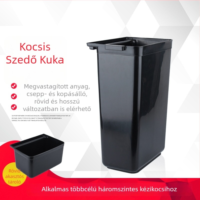 12L műanyag tárolóedény étkeztető kocsikhoz – nyitott felső rész, hosszú felfüggesztés, megerősített kivitel