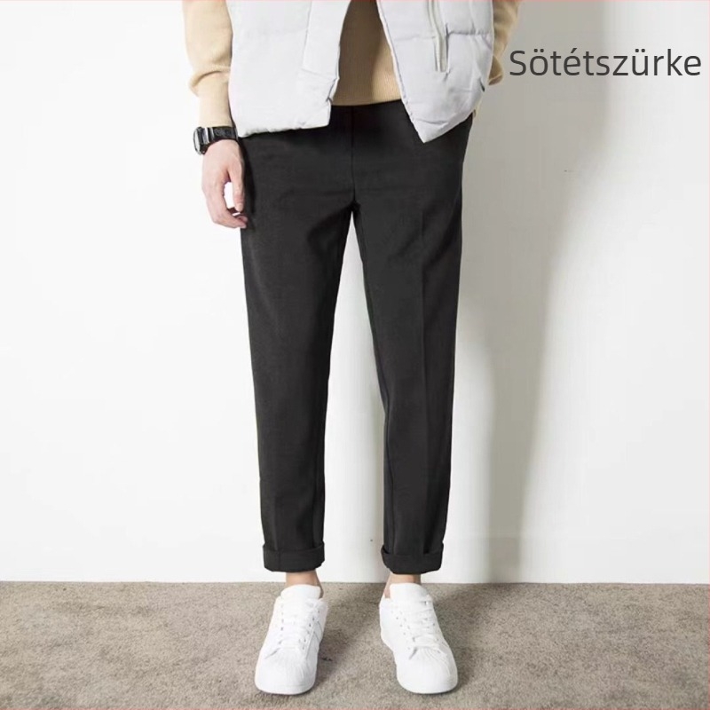 Férfi gyapjú nadrág ősz-télre, egyenes szabás, karcsú szabásvonal, drapírozott siluett, koreai minimalist dizájn, elasztikus, oldalsó csattal, 9/10 hossz