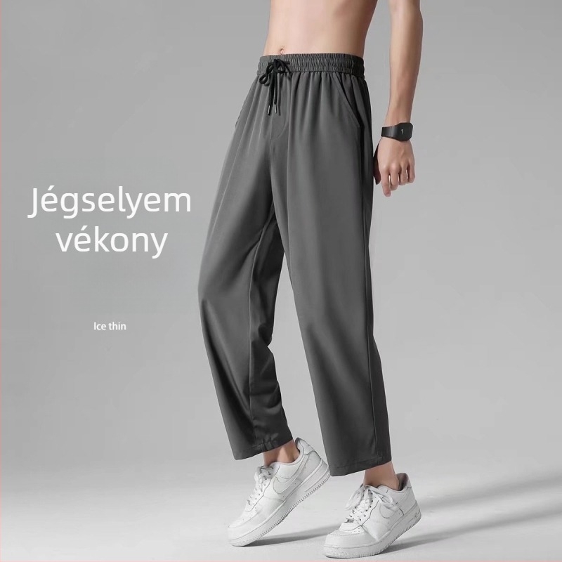 Férfi ice silk nadrág – nyárra, könnyű, lazán szabott, egyenes vágás, cropped hossz, közepes derekú, övvel, egyszínű, lélegző