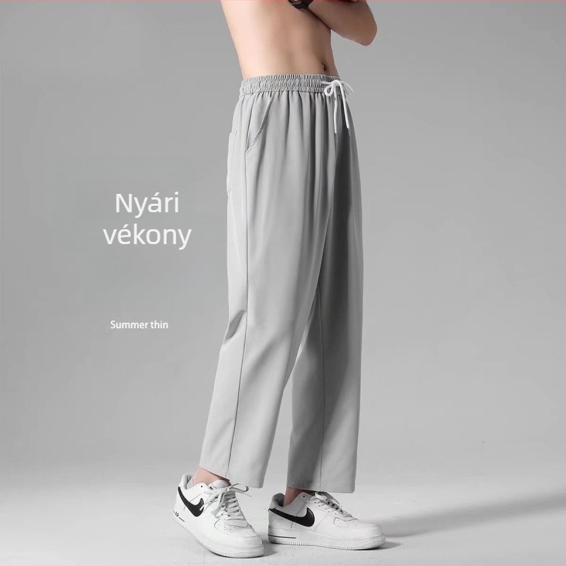 Férfi ice silk nadrág – nyárra, könnyű, lazán szabott, egyenes vágás, cropped hossz, közepes derekú, övvel, egyszínű, lélegző
