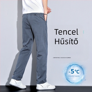 Férfi nyári könnyű Tencel Lyocell üzleti-casual nadrág, laza szabású, egyenes vonal