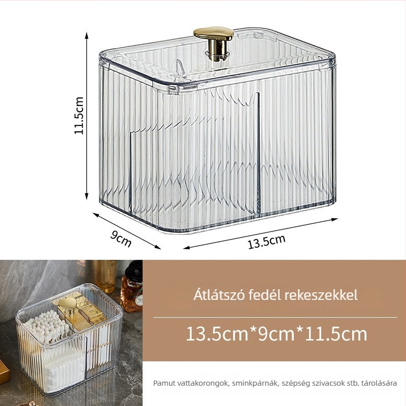 Porálló asztali kozmetikai tároló rekeszekkel vattapamacsokhoz és fültisztító pálcikákhoz, modern minimalist dizájn