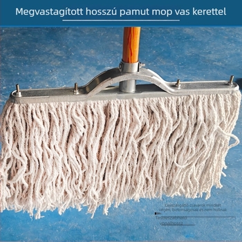 Mop pamutszálból vas kerettel és fa nyéllel, padló tisztítására, hosszú pamutszálak, nedvszívó cserélhető kendő