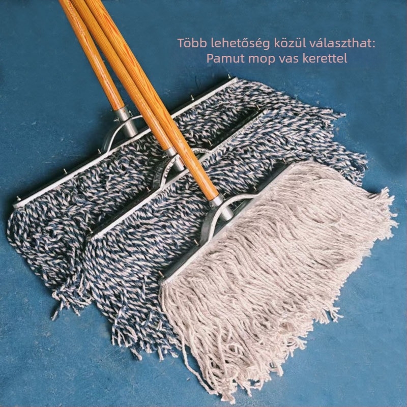 Mop pamutszálból vas kerettel és fa nyéllel, padló tisztítására, hosszú pamutszálak, nedvszívó cserélhető kendő