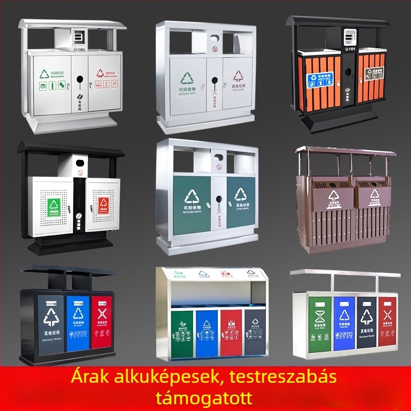 Kültéri vasból készült szemetes kuka, négyszögletes, kétrekeszes, 4 literes űrtartalom, fedél nélküli, strapabíró utcai szemetes