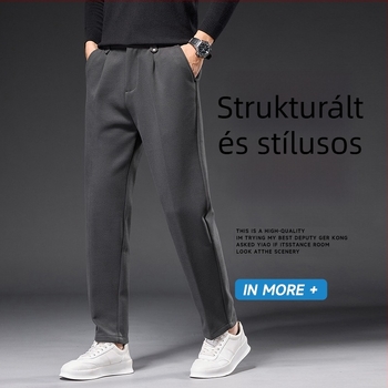 Férfi őszi casual nadrág szürke színben, drapált textúrával, gyűrődésálló, egyenes szabás, cropped hossz