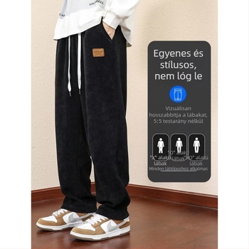 Férfi corduroy nadrág fleece-sel bélelt, vastag téli viselet, laza szabású egyenes szár, húzózsinórral