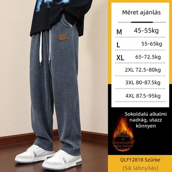 Férfi corduroy nadrág fleece-sel bélelt, vastag téli viselet, laza szabású egyenes szár, húzózsinórral