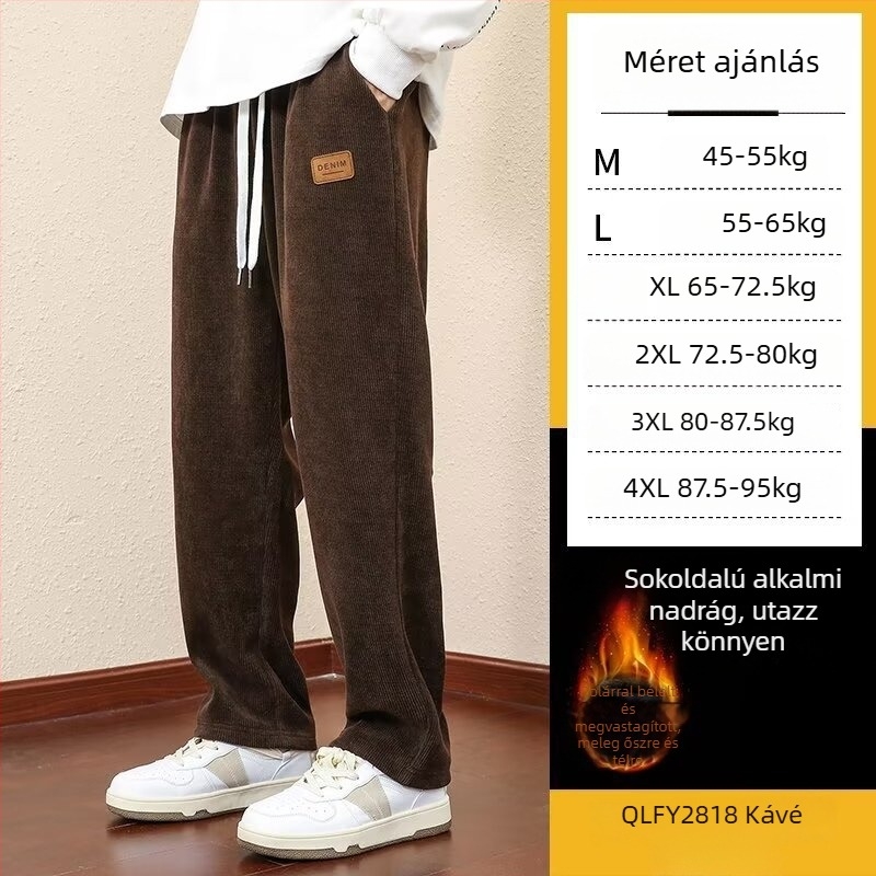 Férfi corduroy nadrág fleece-sel bélelt, vastag téli viselet, laza szabású egyenes szár, húzózsinórral