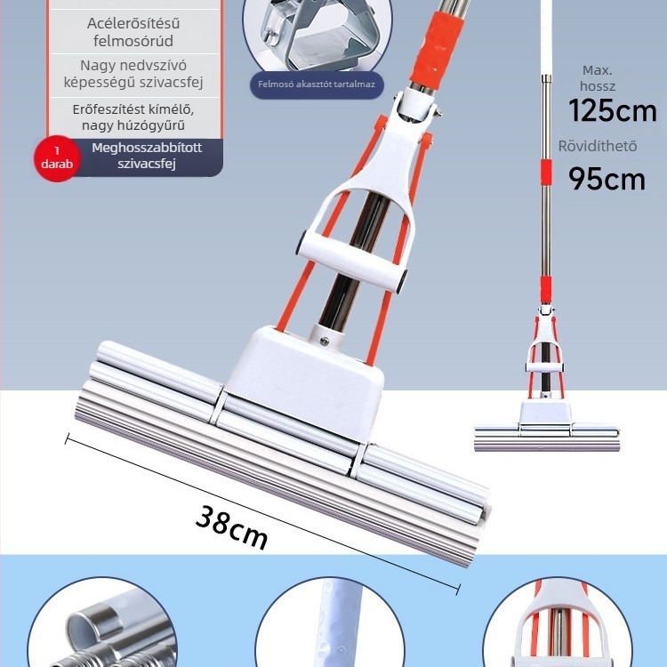 Kéz nélkül használható szivacsmop otthoni használatra, nedvszívó fej, egy lépéses tisztítás, 28–38 cm-es nagy méret