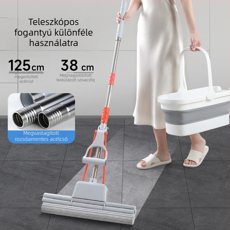 Kéz nélkül használható szivacsmop otthoni használatra, nedvszívó fej, egy lépéses tisztítás, 28–38 cm-es nagy méret