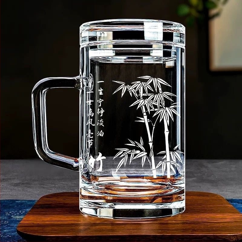 Fogantyús teás pohár üvegből, 380 ml, irodai használatra, egyedi logó, kristályüveg, magas minőségű kínai stílus
