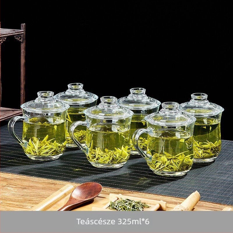 Green Apple hőálló üvegpohár teához, fogantyúval, irodai használatra, személyes teázáshoz, prémium minőség