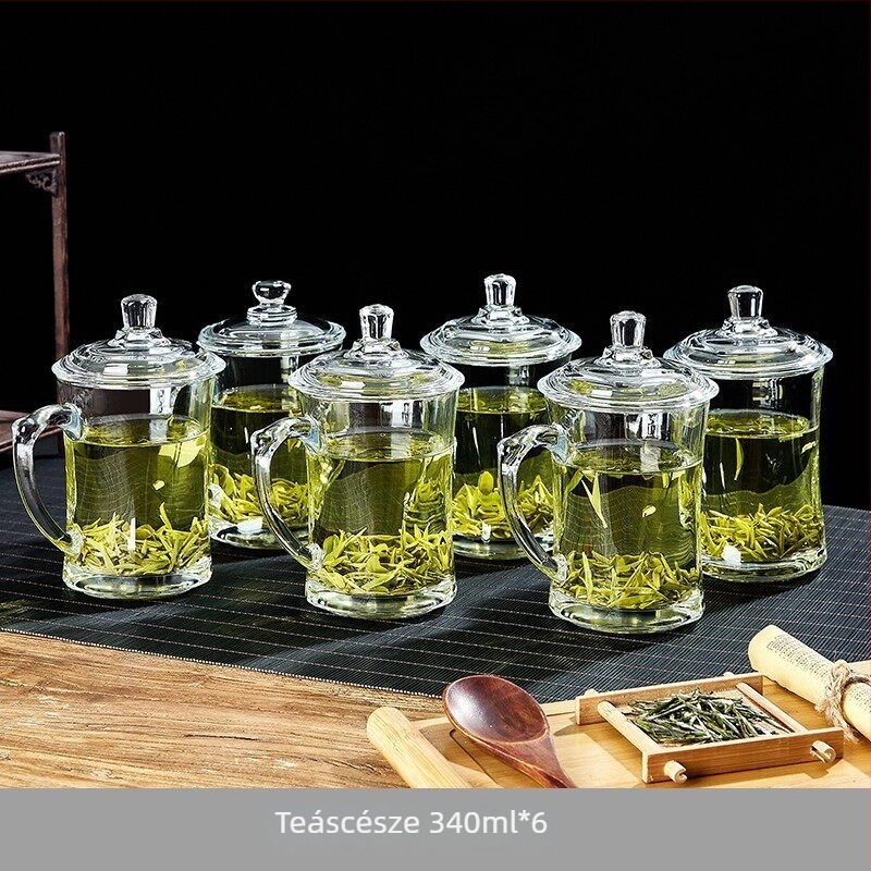Green Apple hőálló üvegpohár teához, fogantyúval, irodai használatra, személyes teázáshoz, prémium minőség