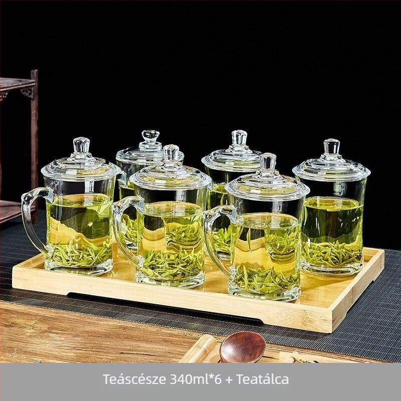 Green Apple hőálló üvegpohár teához, fogantyúval, irodai használatra, személyes teázáshoz, prémium minőség