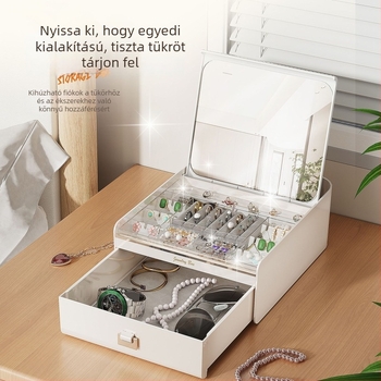 Automatikus nyitású ékszerdoboz tükörrel, nagy kapacitású tároló fülbevalóknak, gyűrűknek és nyakláncoknak