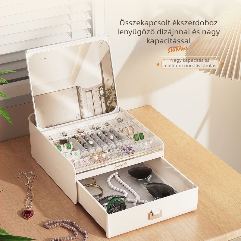 Automatikus nyitású ékszerdoboz tükörrel, nagy kapacitású tároló fülbevalóknak, gyűrűknek és nyakláncoknak