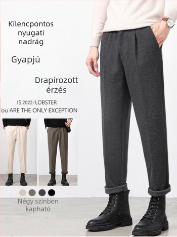Férfi cropped gyapjúkeverék nadrág őszi-téli időszakra, luxus vastag egyenes szabású kosztümnadrág drapírozó hatással, meleg és mindennapi viselet