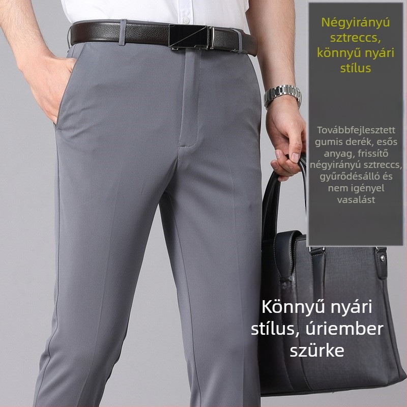 Férfi üzleti nadrág, rugalmas, könnyű, egyenes szabású, tavasz–nyár