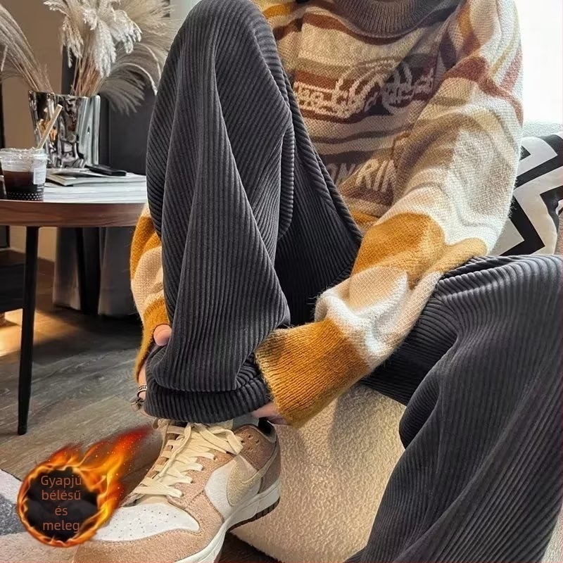 Férfi corduroy nadrág fleece béléses, ősz-télre, egyenes szabású, laza, széles lábú, retro sport nadrág