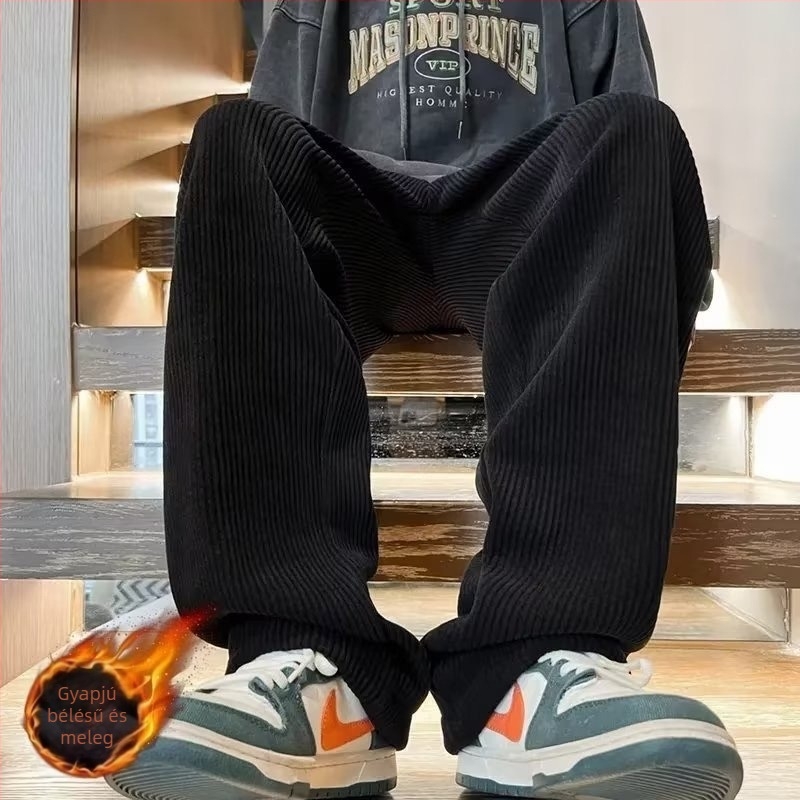 Férfi corduroy nadrág fleece béléses, ősz-télre, egyenes szabású, laza, széles lábú, retro sport nadrág