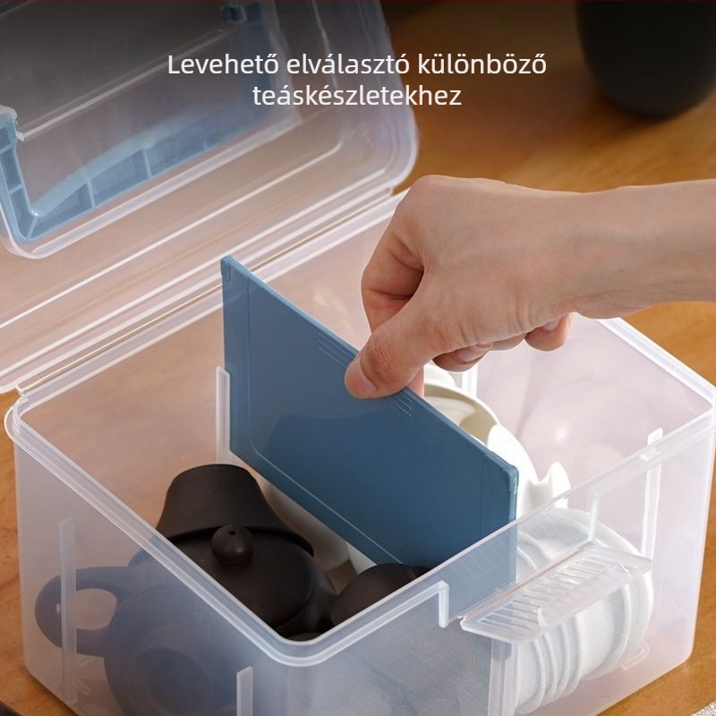 Hordozható kétszintes teáskészlet-tároló doboz, átlátszó, többfunkciós szervező