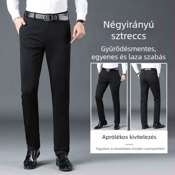 Férfiaknak sztreccs nadrág, vasalást nem igényel, elegáns eséssel, szabott egyenes fazon, vastag anyagú, őszi–téli üzleti casual viselet