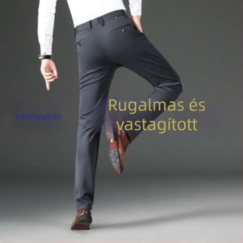 Férfiaknak sztreccs nadrág, vasalást nem igényel, elegáns eséssel, szabott egyenes fazon, vastag anyagú, őszi–téli üzleti casual viselet