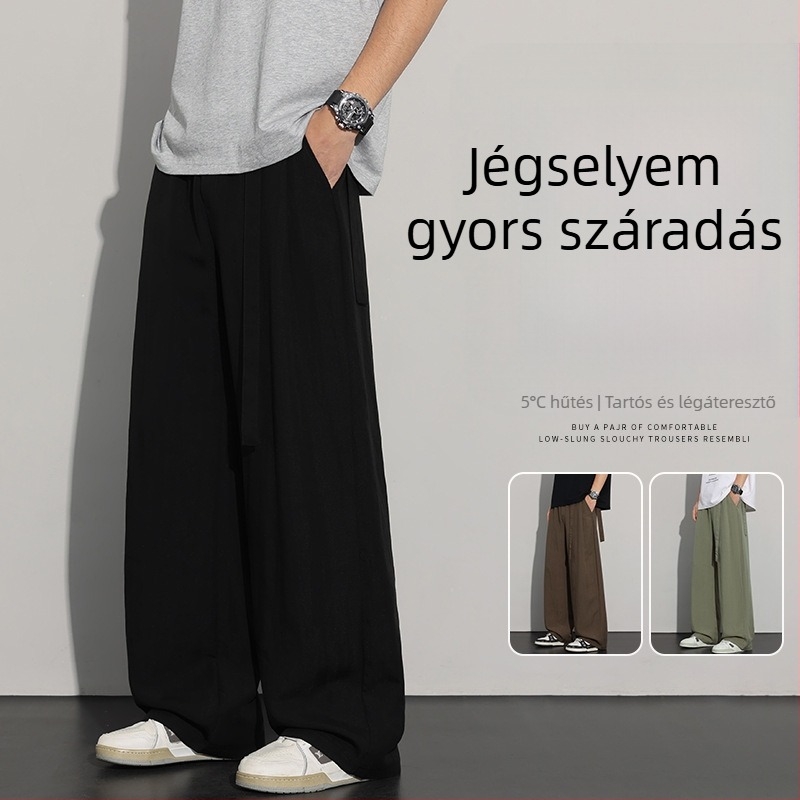 Férfi nyári vékony ice silk nadrág, elegáns érzetű és lágy esésű drapált fazon, széles szabású, egyenes szárú, hétköznapi viselet