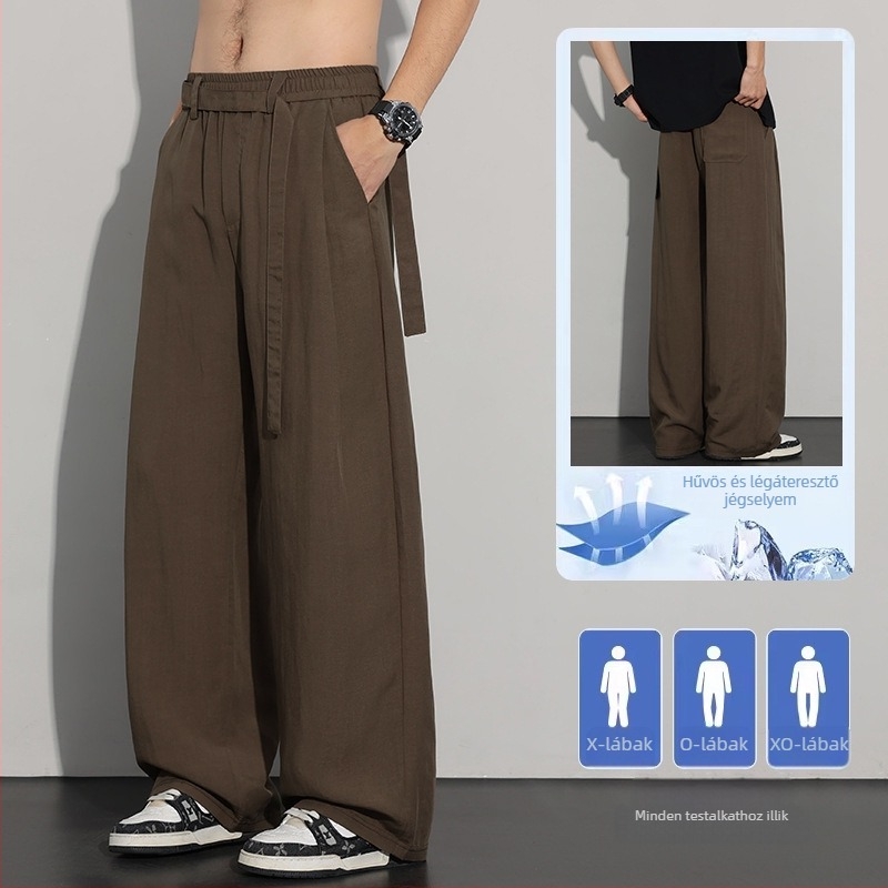 Férfi nyári vékony ice silk nadrág, elegáns érzetű és lágy esésű drapált fazon, széles szabású, egyenes szárú, hétköznapi viselet