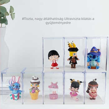 Átlátszó figurakijelző doboz, porálló, négyzet alakú bemutató vitrín modern minimalist stílusban, Bubble Mart babák számára, és blind box tároló.