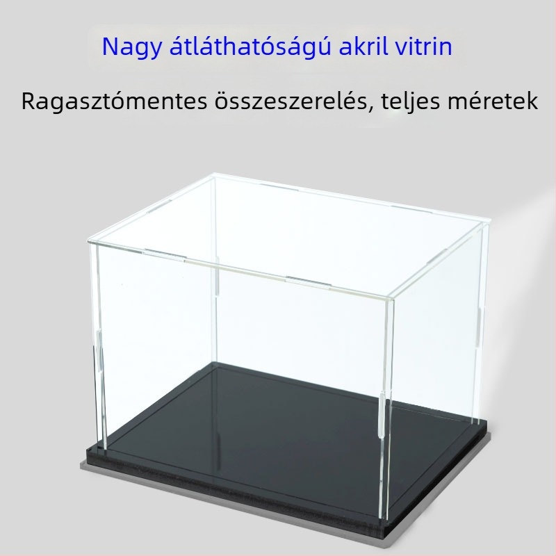 Átlátszó akril kijelződoboz modellekhez, fedéllel, porvédett tároló építőblokkokhoz, összecsukható