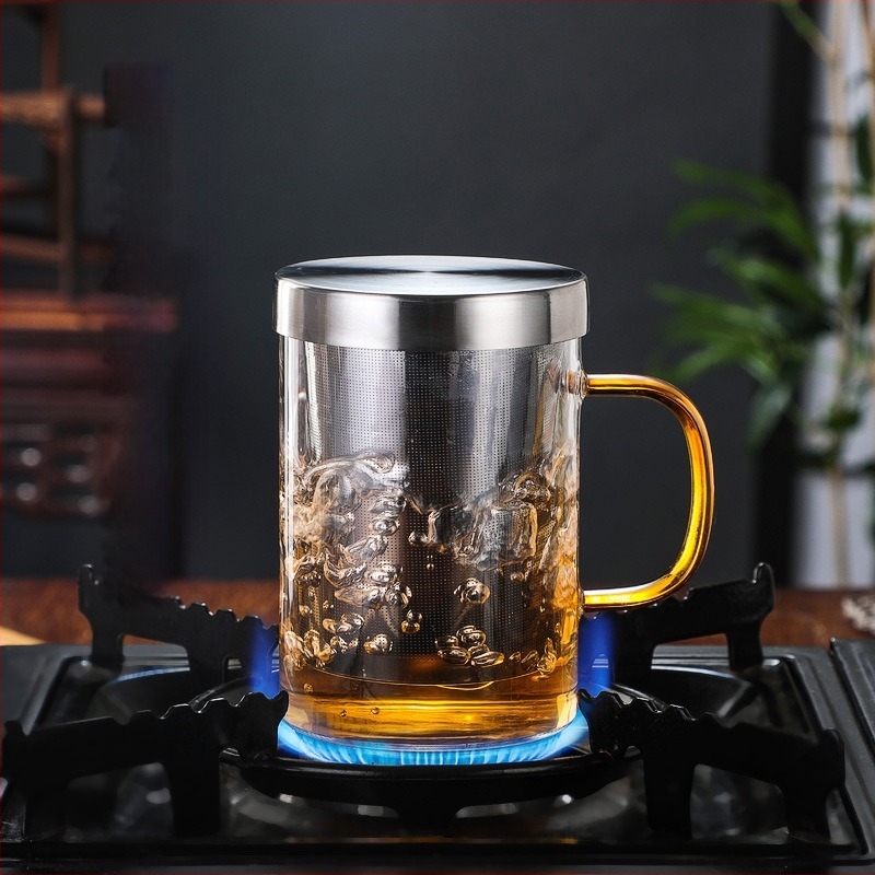 Boroszilikát üvegből készült tea szétválasztó pohár, irodai háromrészes készlet fogantyúval, virágtea szűrővel