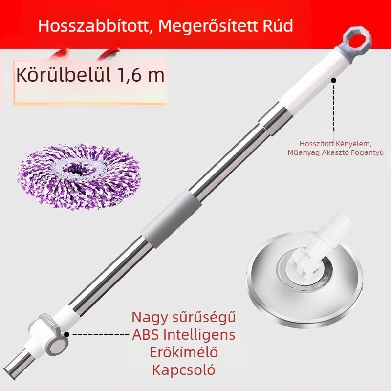 Forgó mop pálca – univerzális csere, érintés nélkül, otthoni használatra, rozsdamentes acél rúddal és mikroszálas fejjel