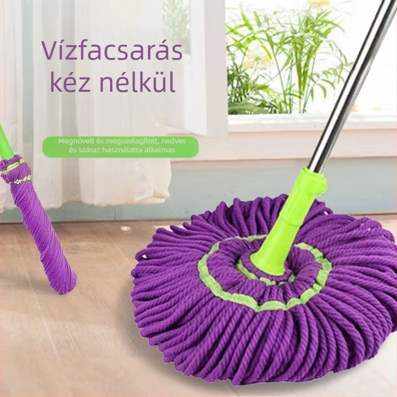 Öncsavaró mop kéz nélküli használatra, zárómechanizmussal, száraz és nedves tisztításra; fej pamutfonalból, nyelet rozsdamentes acélból