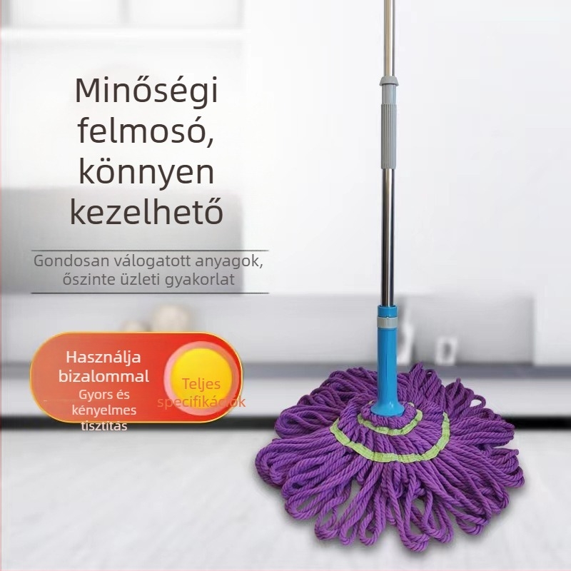 Öncsavaró mop kéz nélküli használatra, zárómechanizmussal, száraz és nedves tisztításra; fej pamutfonalból, nyelet rozsdamentes acélból